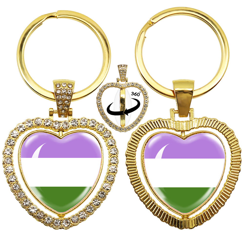 Wholesale LGBT Rainbow Rhinestone Heart Shaped 360 Degree Rotating Double Sided Metal Keychain